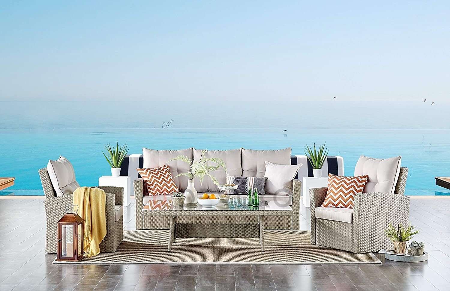 DEVOKO 4 Pieces Outdoor Conversation Patio Wicker Furniture(Beige and Cream)