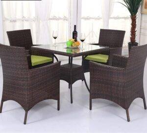 5-Piece Wicker Patio Dining Furniture Set with Seat Cushion(Dark Brown and Green) Table Without Glass Top