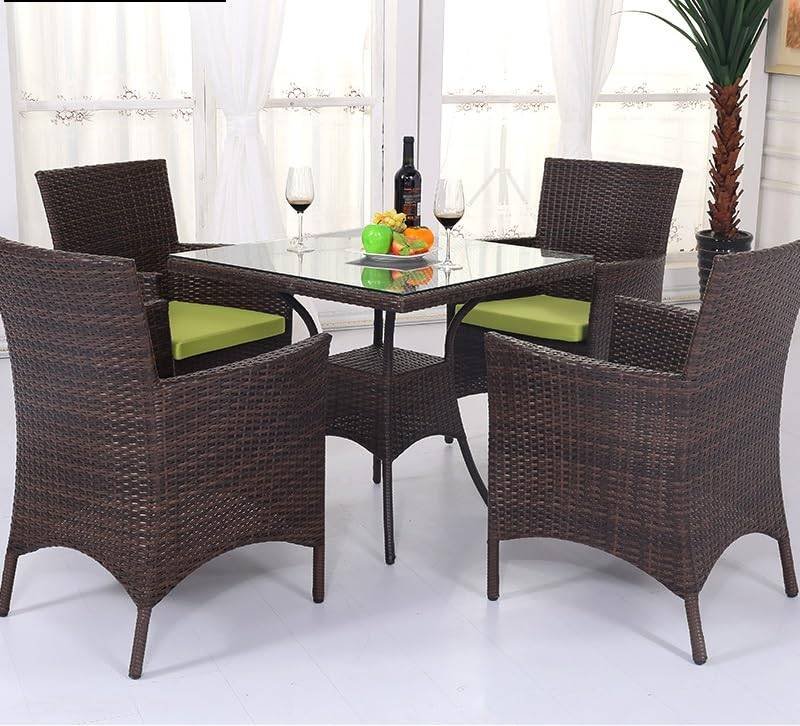 5-Piece Wicker Patio Dining Furniture Set with Seat Cushion(Dark Brown and Green) Table Without Glass Top