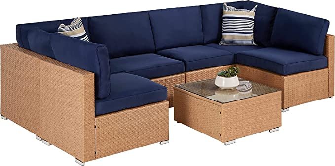 DEVOKO 5-Seater Outdoor L-Shape Sofa Set - Beige/Navy Blue