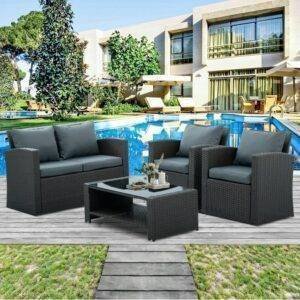 4 Piece Waterproof Rattan Furniture Set (Black/Grey)