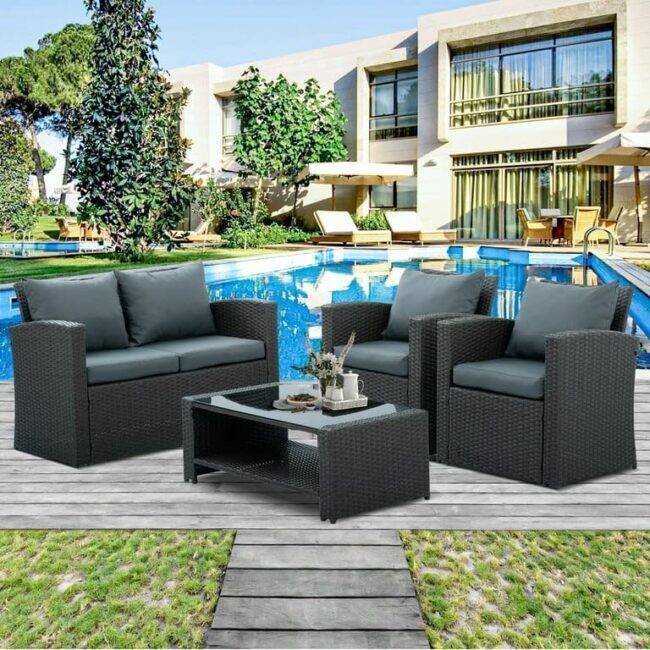 4 Piece Waterproof Rattan Furniture Set (Black/Grey)
