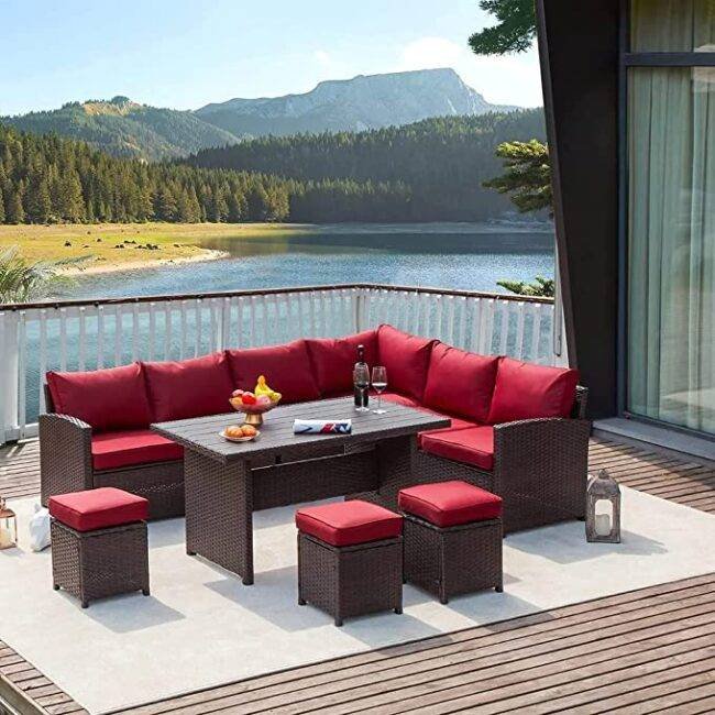 DEVOKO 7-Piece Outdoor Patio Furniture Set - Dark Brown & Red