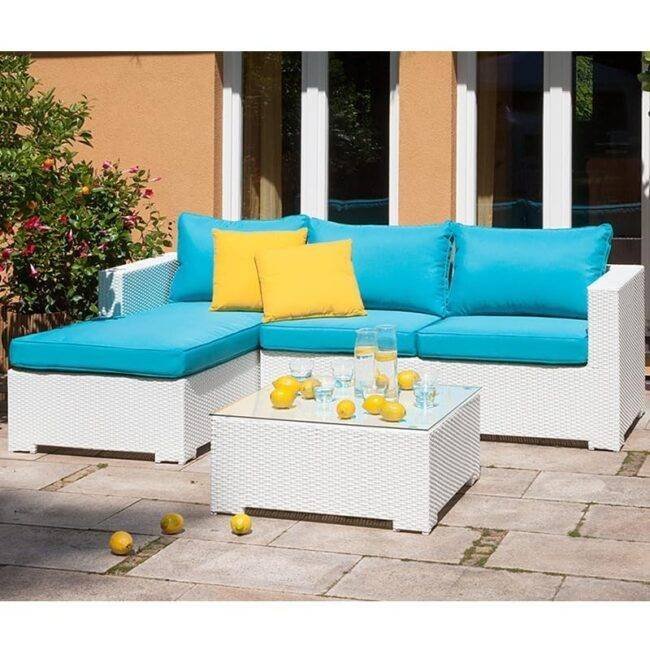 3 Piece Rattan Sectional Sofa Set (White/Turquoise)