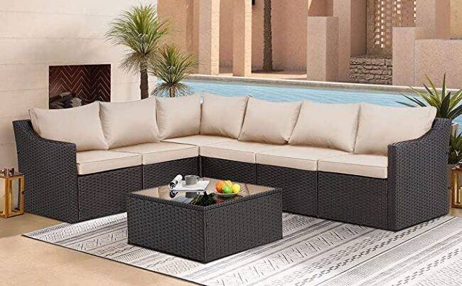 DEVOKO Wicker Furniture Set: Rattan Patio Sectional with Coffee Table & Cushions (Dark Brown/Cream) - Image 3