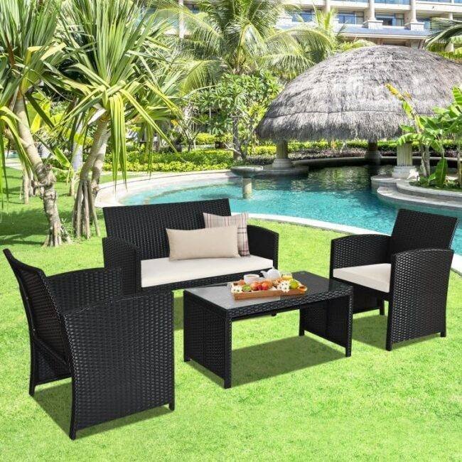 DEVOKO 4PCS Outdoor Patio Rattan Furniture Set (Black and White)