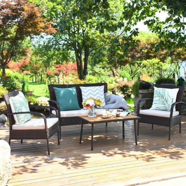 DEVOKO 4PCS Outdoor Patio Rattan Furniture Set (Dark Brown and Cream)