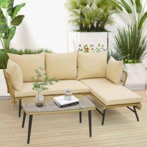 DEVOKO Patio Furniture Set L-Shaped Rope Woven Outdoor Sectional (Beige and Cream)