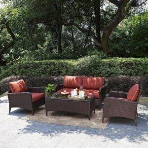 DEVOKO 4 Pieces Outdoor Conversation Rattan Sectional Sofa Set (Dark Brown and Red)