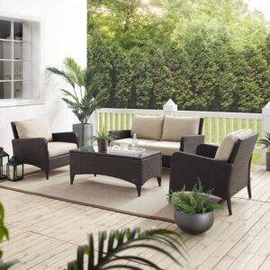 DEVOKO 4 Pieces Outdoor Conversation Rattan Sectional Sofa Set (Dark Brown and Cream)