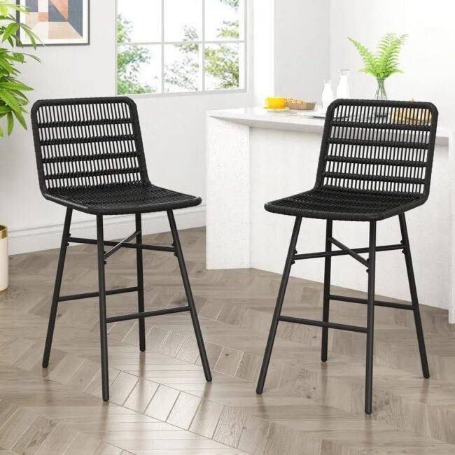 DEVOKO Set of 2 Rope Bar Stools Height Kitchen Chairs (Black)