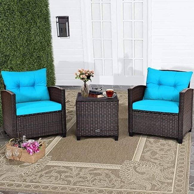 DEVOKO Outdoor Wicker Bistro Set: Sofa, Cushions, Coffee Table - Dark Brown & Sky-blue