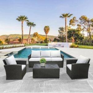 DEVOKO 4-Piece Rattan & Wicker Outdoor Patio Furniture Conversation Sofa Set (Black and Grey)