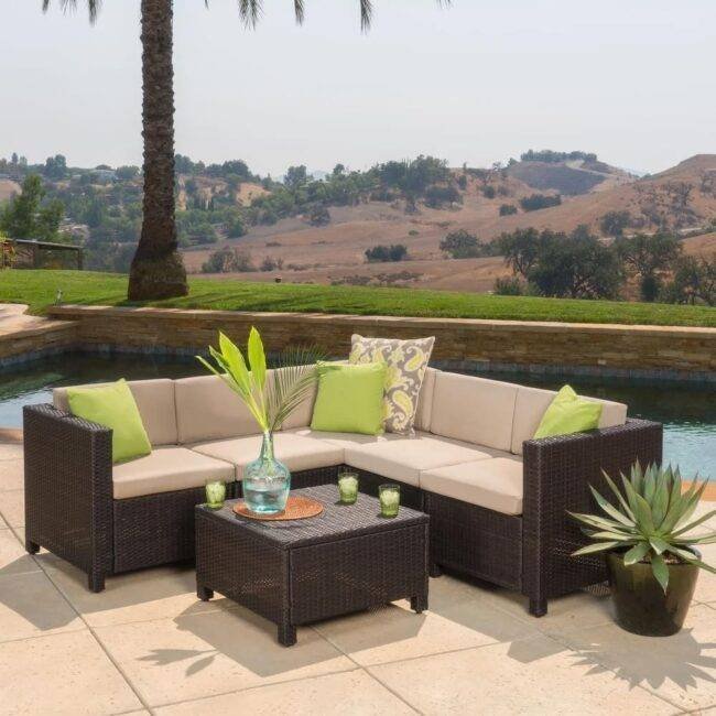 DEVOKO 3 Pieces Outdoor Furniture Patio Sectional Sofa (Dark Brown and Cream)