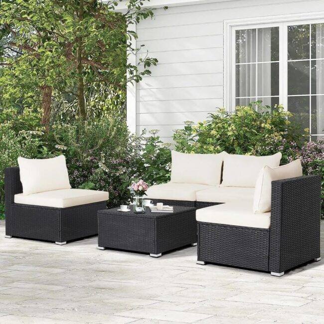 Rattan & Wicker Patio Sofa Set (Black/White)