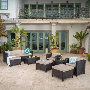 DEVOKO 8-Piece Outdoor Wicker Conversation Sofa Set (Dark Brown & Cream)