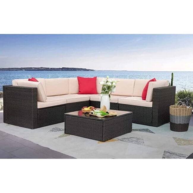 DEVOKO 3-Piece L-Shape Outdoor Patio Furniture Set: Dark Brown & Cream