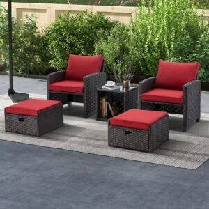 5-Piece Devoko Wicker Patio Furniture Set with Ottomans & Table (Dark Brown/Red)