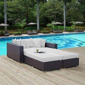 3pcs Outdoor Rattan & Wicker Sofa Daybed (Dark Brown/White)