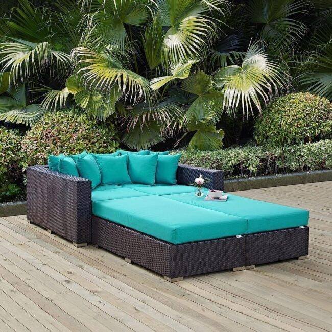 3pcs Outdoor Rattan & Wicker Sofa Daybed (Dark Brown/Turquoise Blue)