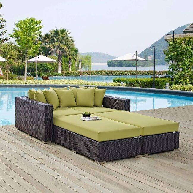 3pcs Outdoor Rattan & Wicker Sofa Daybed (Dark Brown/Green)