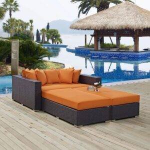 3pcs Outdoor Rattan & Wicker Sofa Daybed (Dark Brown/Orange)