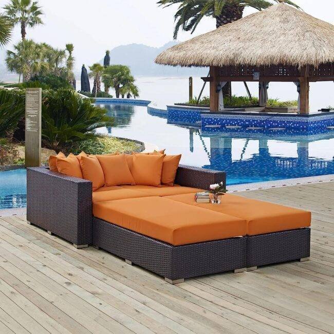 3pcs Outdoor Rattan & Wicker Sofa Daybed (Dark Brown/Orange)