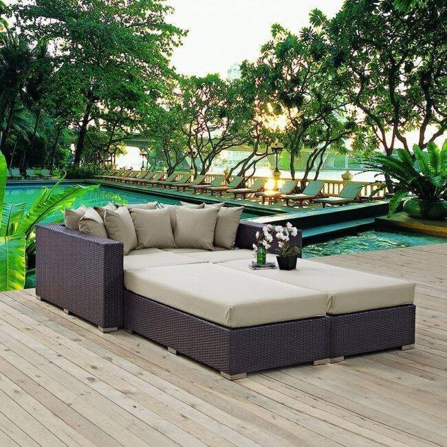 3pcs Outdoor Rattan & Wicker Sofa Daybed (Dark Brown/Beige)