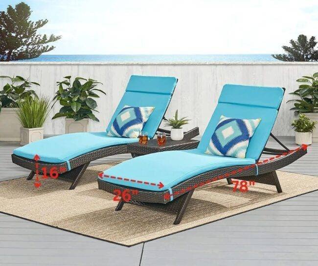 3-Piece Adjustable Rattan Wicker Chaise Lounge Set with Sky Blue Cushion (Dark Brown) - Image 3