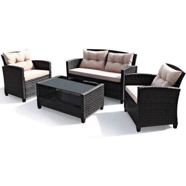 DEVOKO Outdoor Wicker Patio Sectional Sofa Set (Dark Brown & Cream) - Image 2