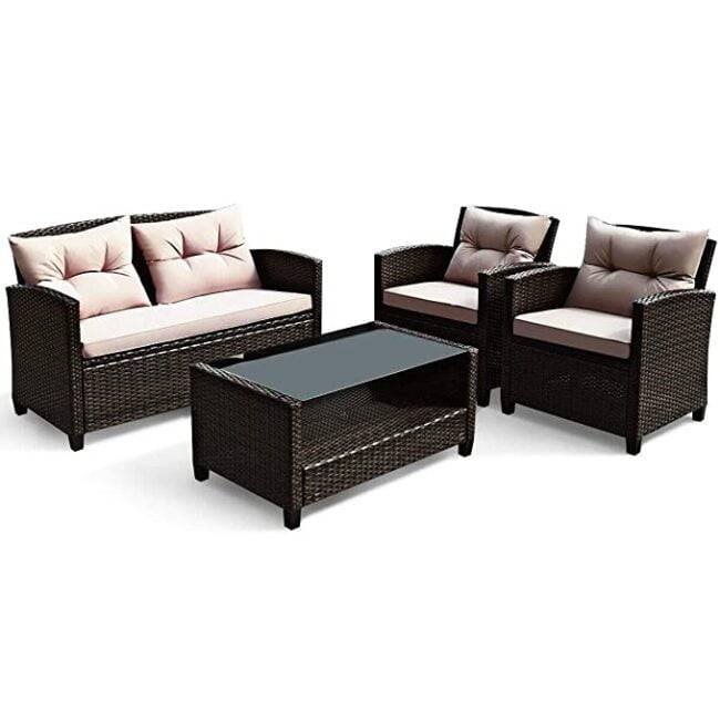 DEVOKO Outdoor Wicker Patio Sectional Sofa Set (Dark Brown & Cream) - Image 3