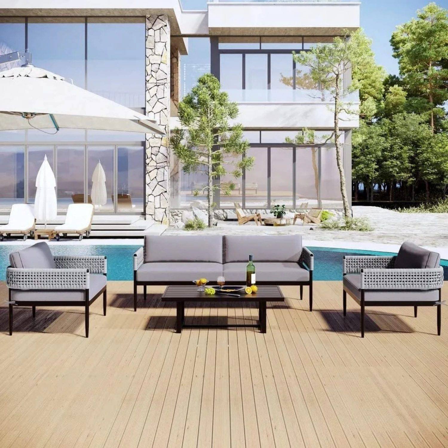 DEVOKO 4-Piece Grey Rope Patio Furniture Set