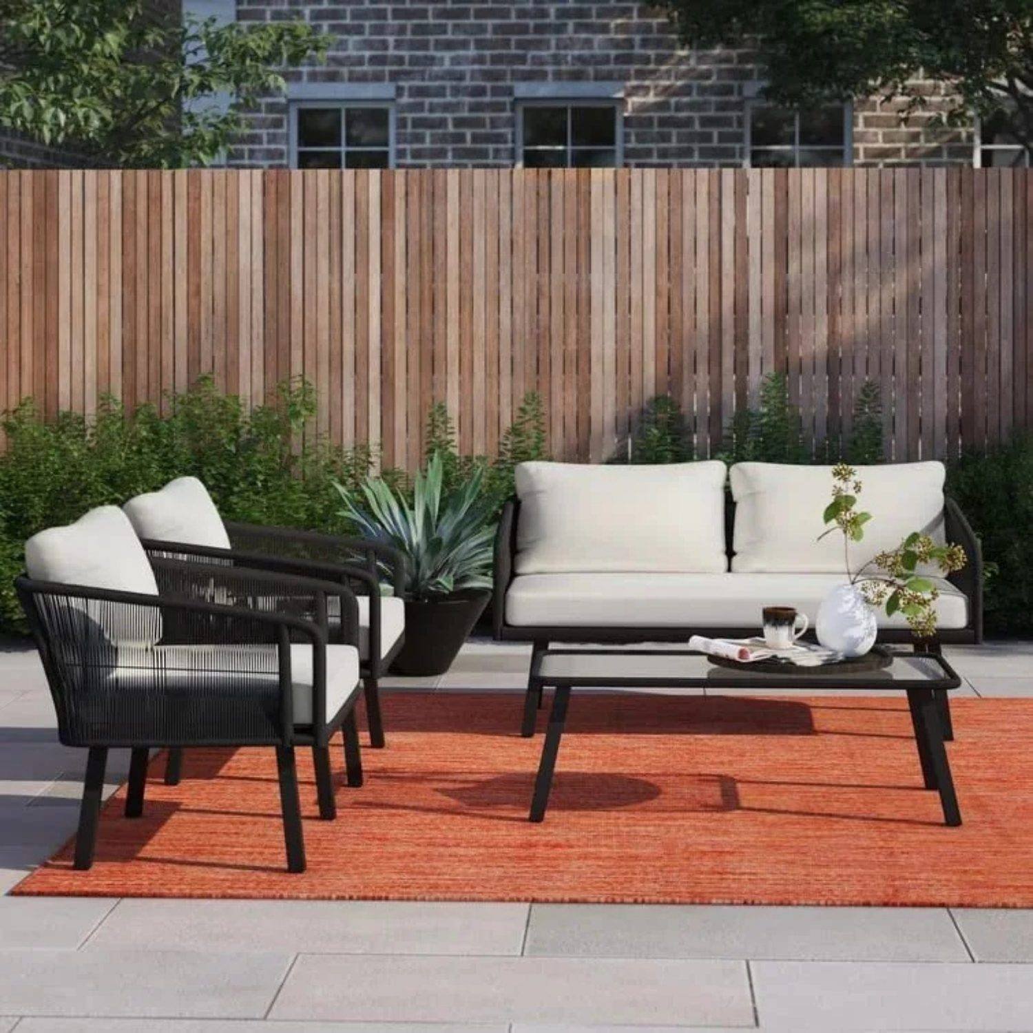 DEVOKO 4-Seater Outdoor Rope Sofa Set with Center Table (Black & Off White)