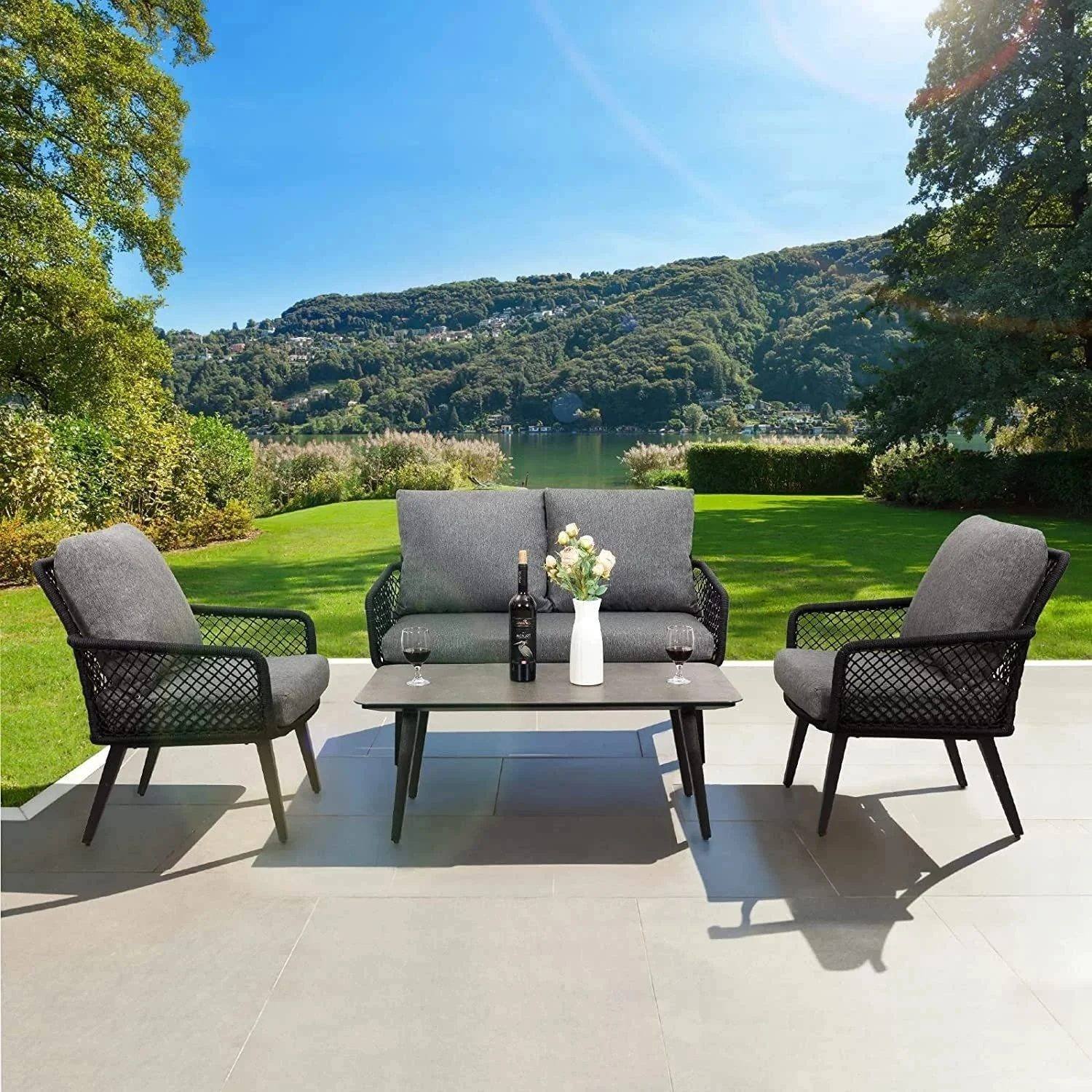 DEVOKO 4-Seater Outdoor/Indoor Sofa Set with Center Table & Cushion Chairs (Black/Grey)