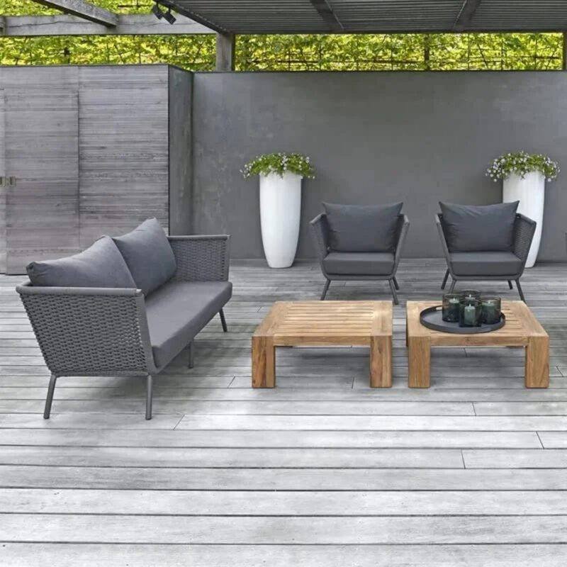 DEVOKO 5-Piece Outdoor Patio Sofa Set with Cushion and 2 Wooden Center Tables (Dark Grey)
