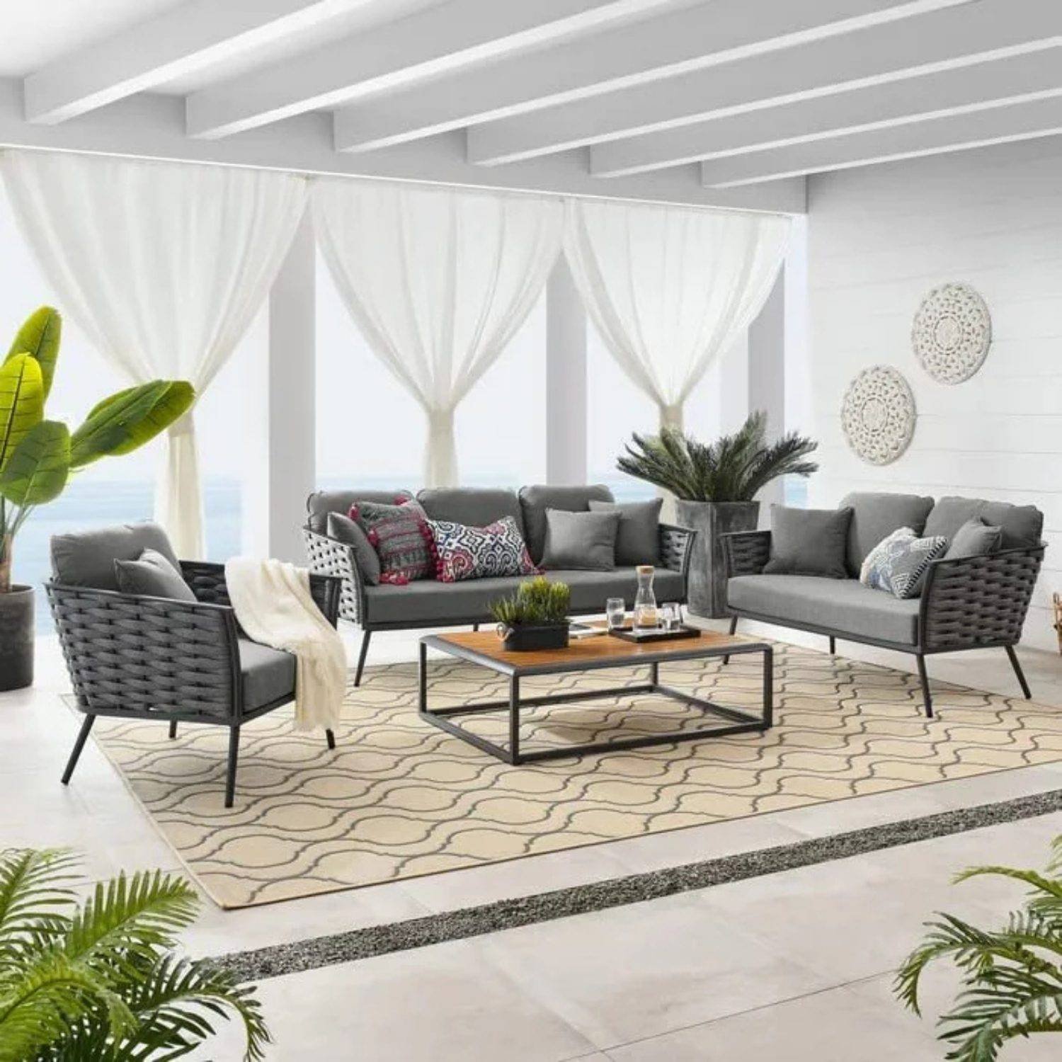 4-Piece Devoko Outdoor Rope Sofa Set with Wooden Top Table - Grey