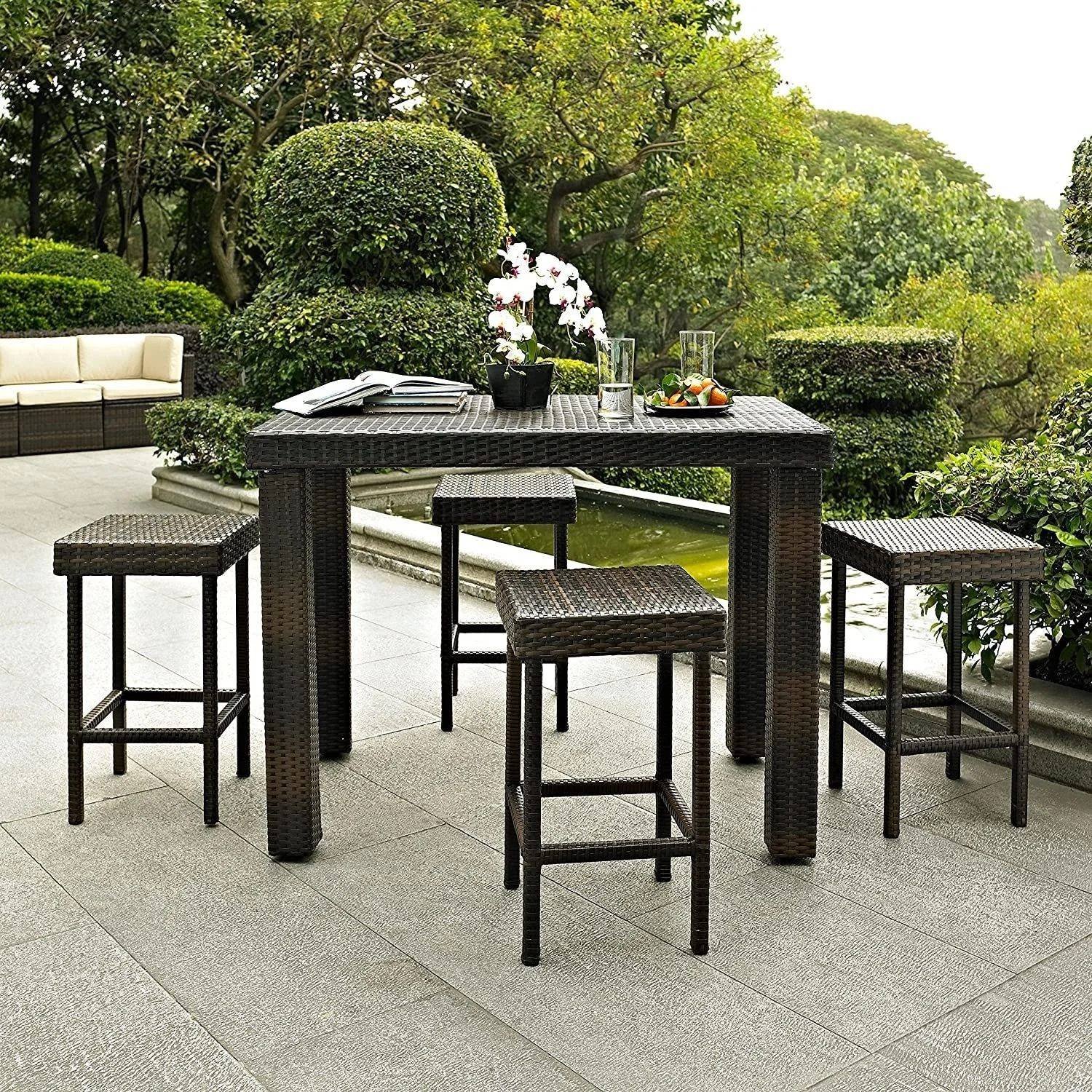 5-Piece Rattan Wicker Patio Bar Set(Dark Brown)