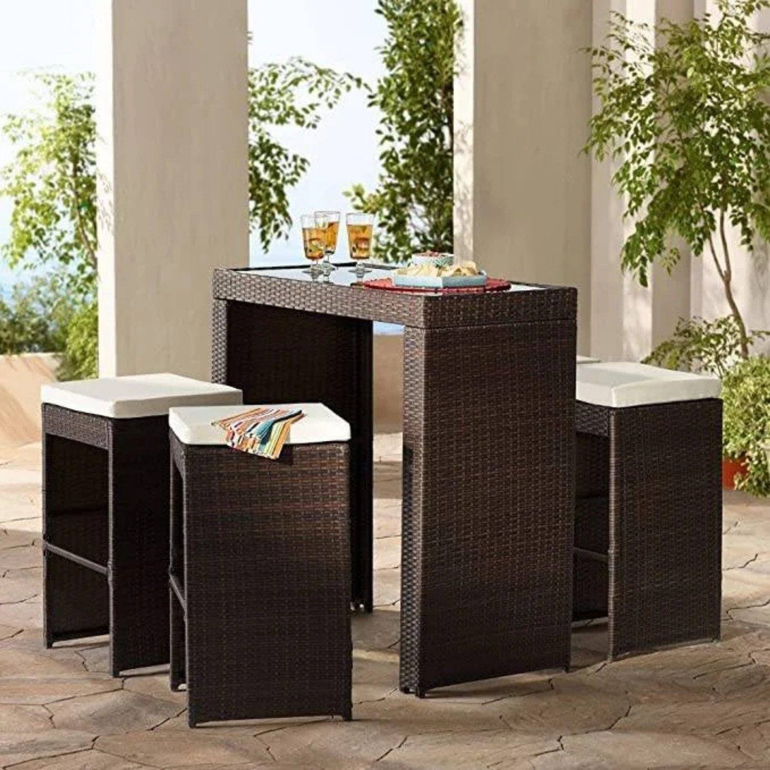 5-Piece Rattan Wicker Bar Set for Outdoor Dining