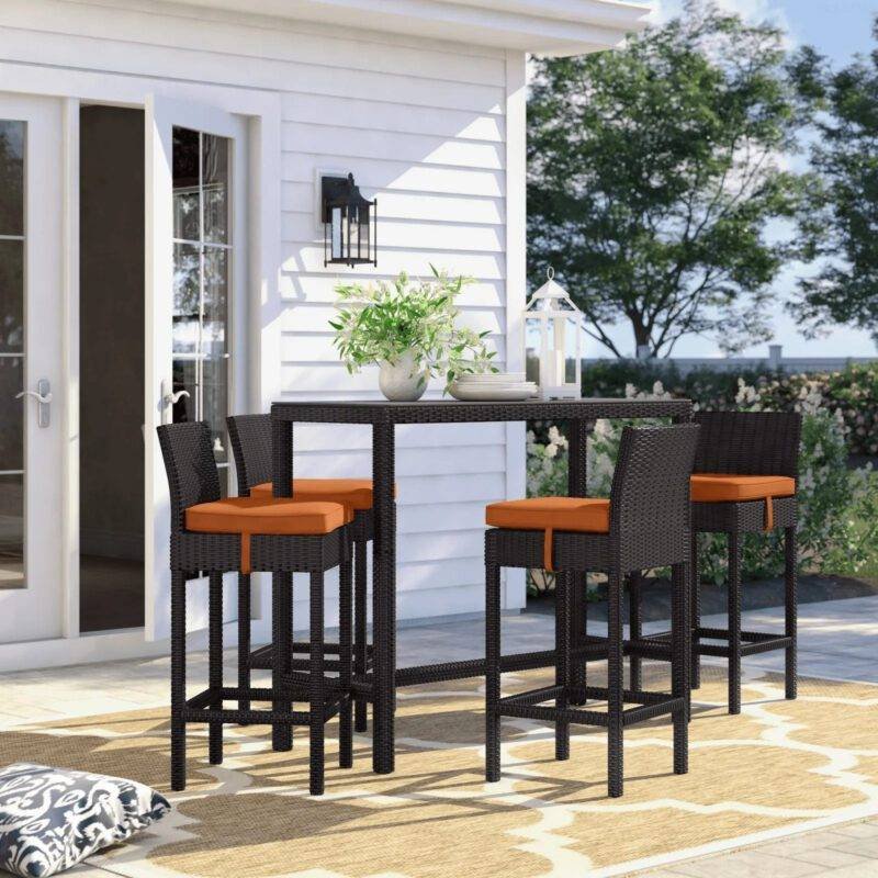 DEVOKO 5 Piece Patio Wicker Dining Bar Set Outdoor Rattan Furniture(Dark Brown & Orange)