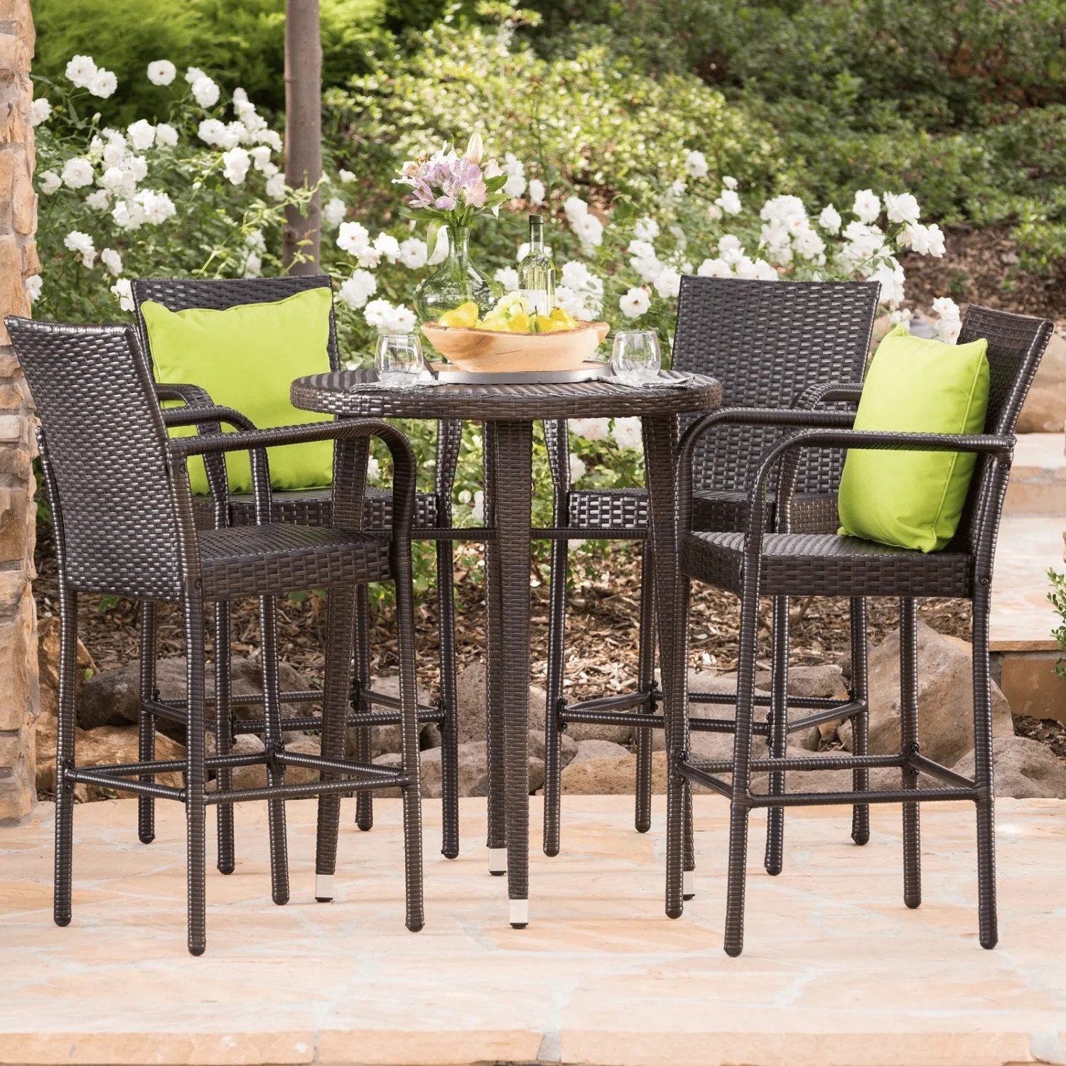 DEVOKO 5 Piece Outdoor Bar Table & Chair Set All Weather Wicker Furniture(Dark Brown)