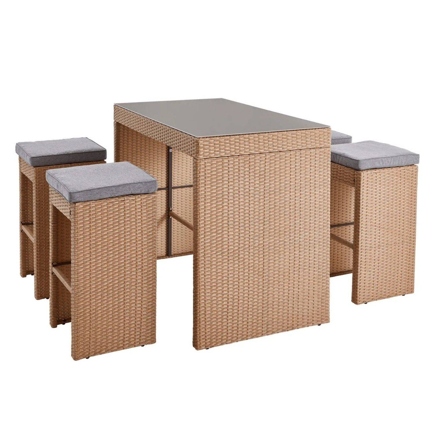 DEVOKO 5-Piece Wicker Counter Height Dining Bar Set with Stools and Glass Table for Backyard(Beige & Grey)