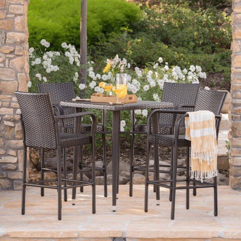 DEVOKO 5-Piece Rattan Wicker Patio Bar Set(Dark Brown)