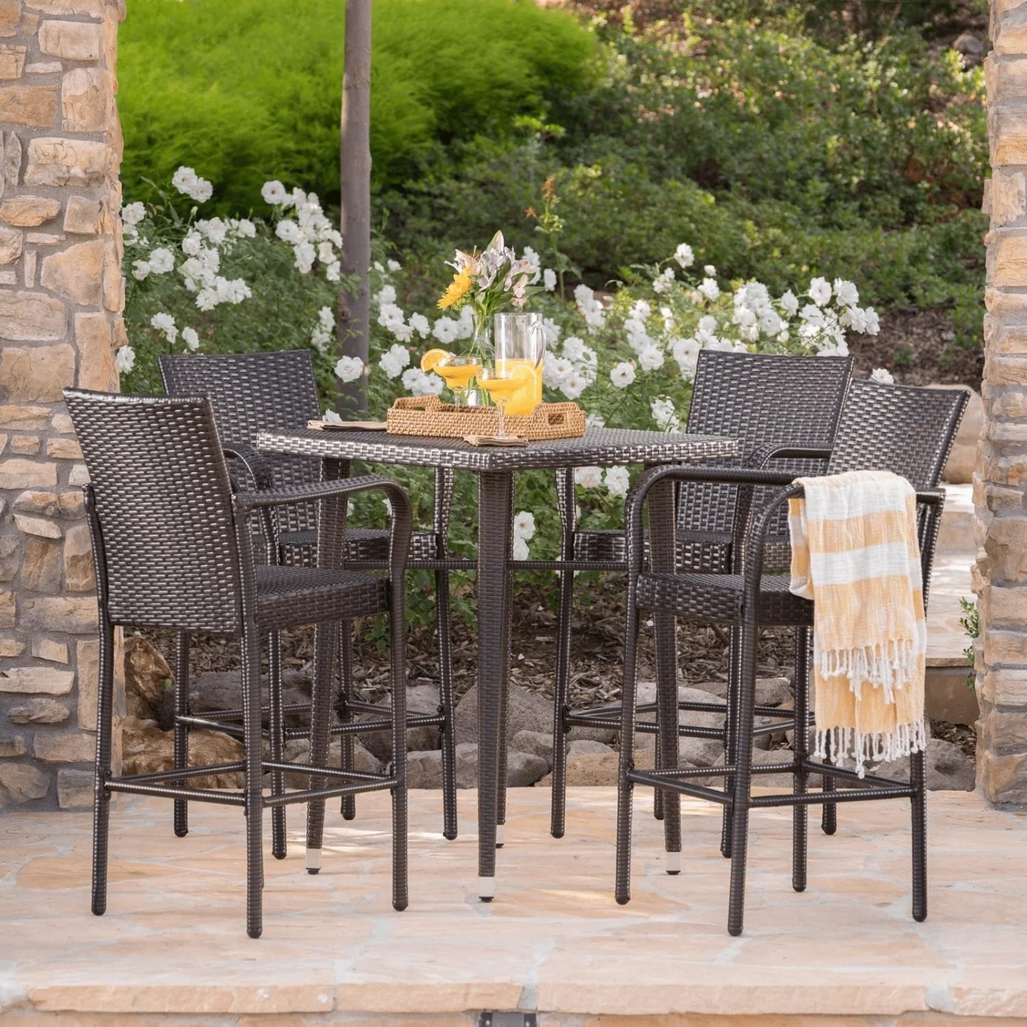 DEVOKO 5-Piece Rattan Wicker Patio Bar Set(Dark Brown)