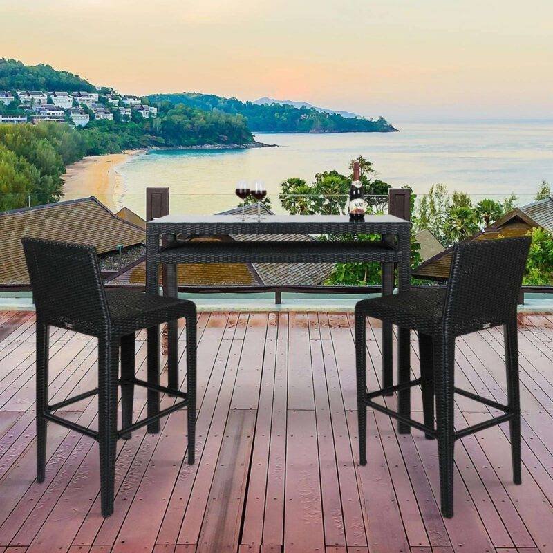 DEVOKO 3-Piece Wicker Outdoor Serving Bar Set Height Table With 2-Stools (Black)