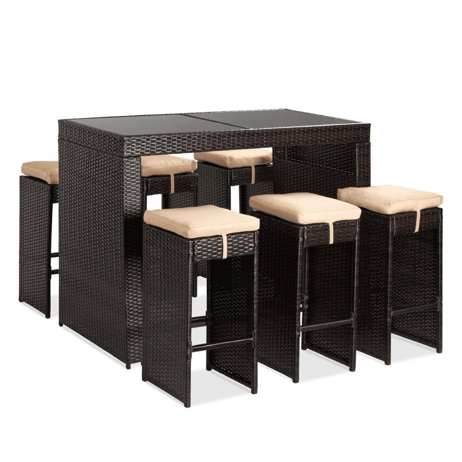7-Piece Outdoor Wicker Bar Dining Set (Dark Brown & Cream)