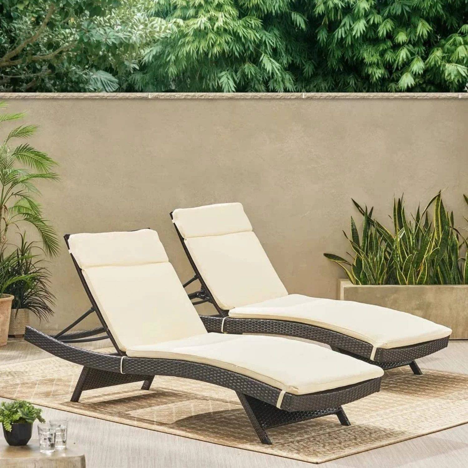DEVOKO 2-Piece Outdoor Lounge Chair Set with Thick Cushions - Dark Brown Rattan/Cream Cushions