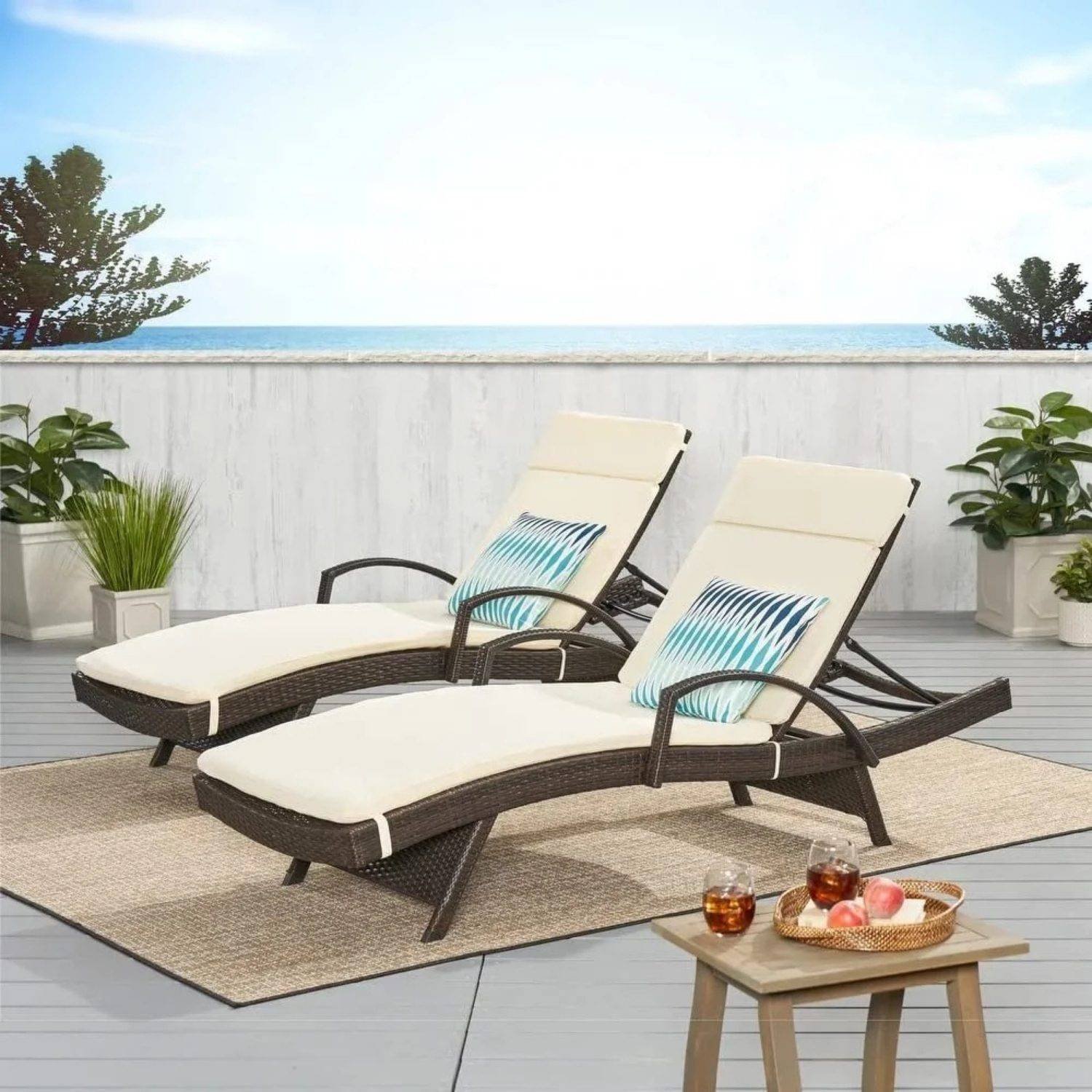 DEVOKO Rattan Sun Lounger Set - Dark Brown/Cream, Adjustable Backrest, Cushion - Beach, Lawn, Patio Relaxation