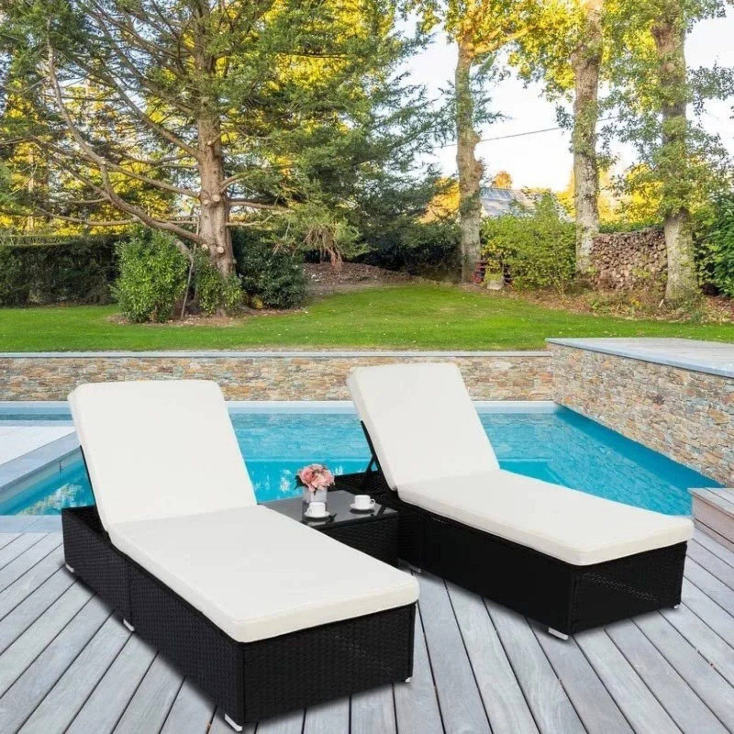 Outdoor Lounge Chairs Set (Black Lounger & White Cushion)