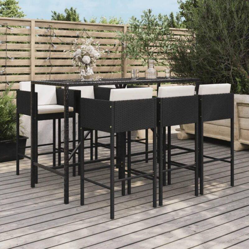 DEVOKO 7 Piece Outdoor Wicker Dining Bar Set Patio Furniture Stools with Cushions(Black & White)