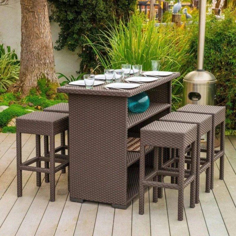 Coffee Brown 7PCS Wicker Bar Table Set - Outdoor Patio Furniture
